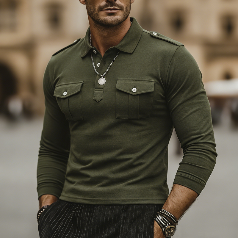 Men's Business Cotton Three-Button Polo Collar Slim Fit Long-Sleeve T-Shirt MTZ0743A1U