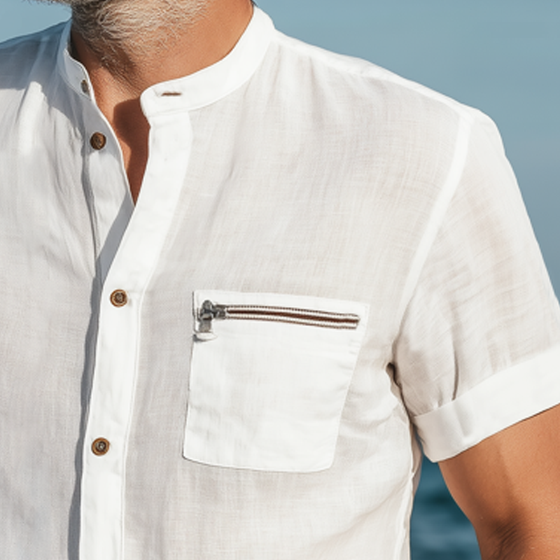Men's Summer Basic Cotton Stand Collar Short Sleeve Shirt MTA0561G9U