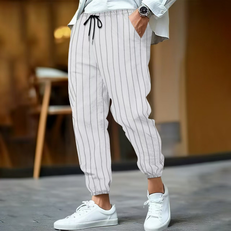 Men's Casual Breathable Cotton Linen Striped Elastic Waist Loose Cuff Pants MTA0758G3M