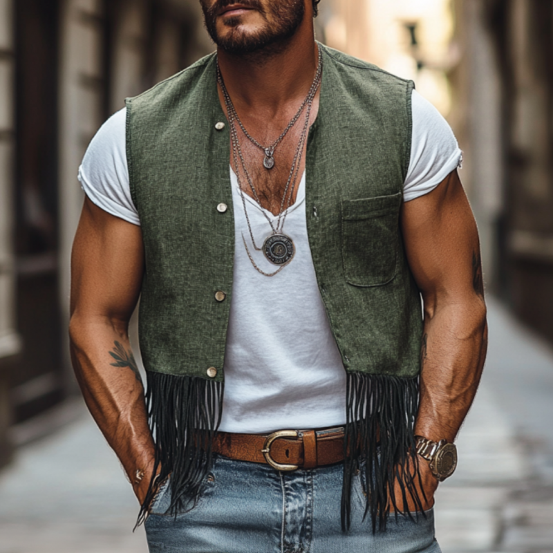 Men's Bohemian Linen Round Neck Single Breasted Patch Pocket Tassel Paneled Vest MTA2120E4M