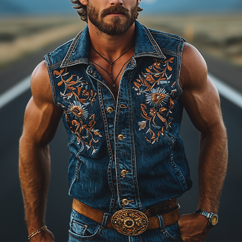 Men's Summer Fashion Retro Western Cowboy Style Denim Embroidery Sleeveless Shirt MTA2846D4K