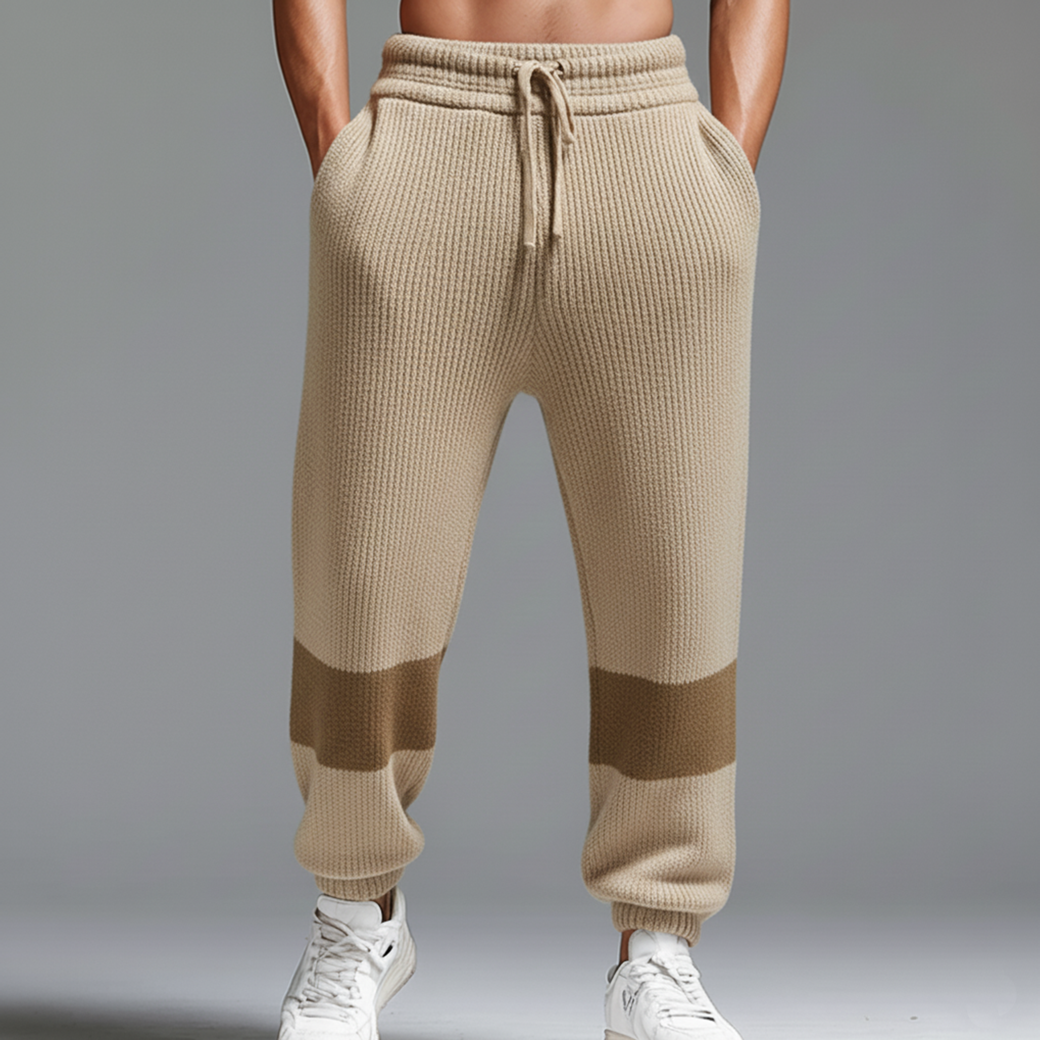 Men's Classic Casual Elastic Waistband Tapered Leg Color-blocked Knit Trousers MTA0604K5K