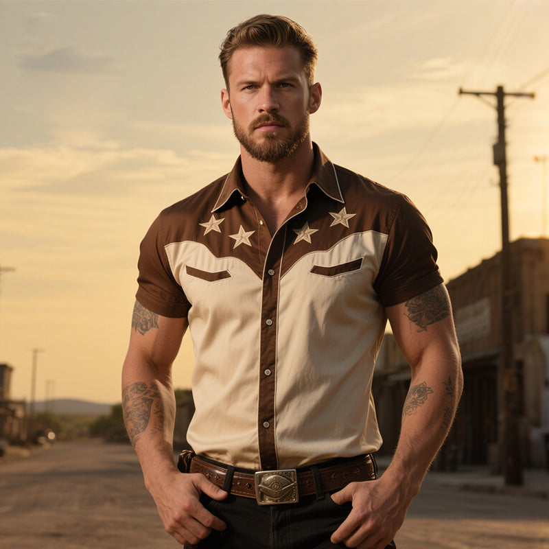 Men's Retro Casual Western Cowboy Style Star Embroidered Lapel Short Sleeve Shirt MTA1652E9TO
