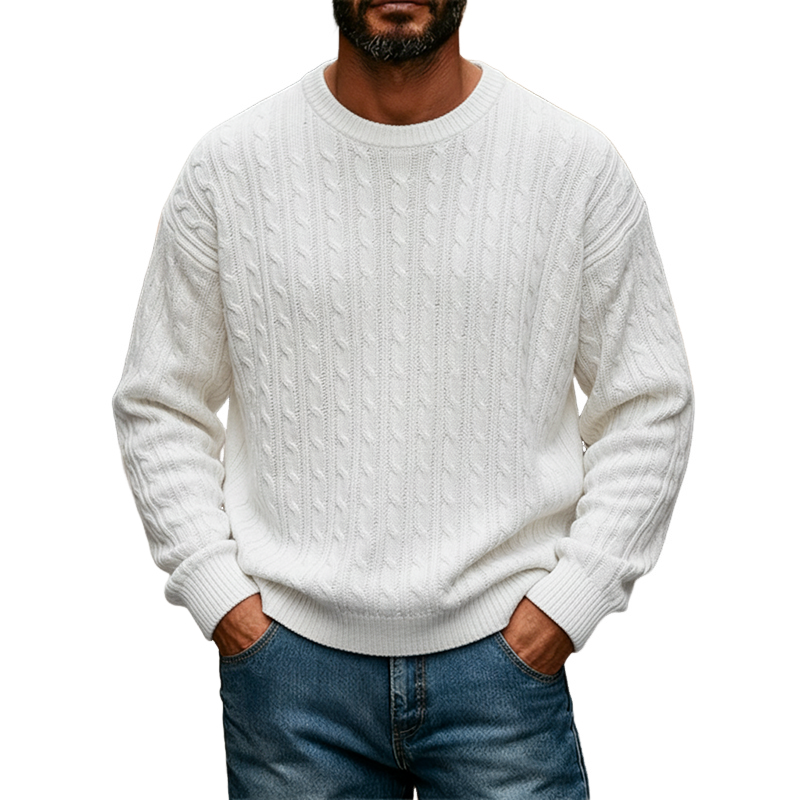 Men's Retro Solid Color Cable Knit Crew Neck Long Sleeve Sweater MTA0198K3X