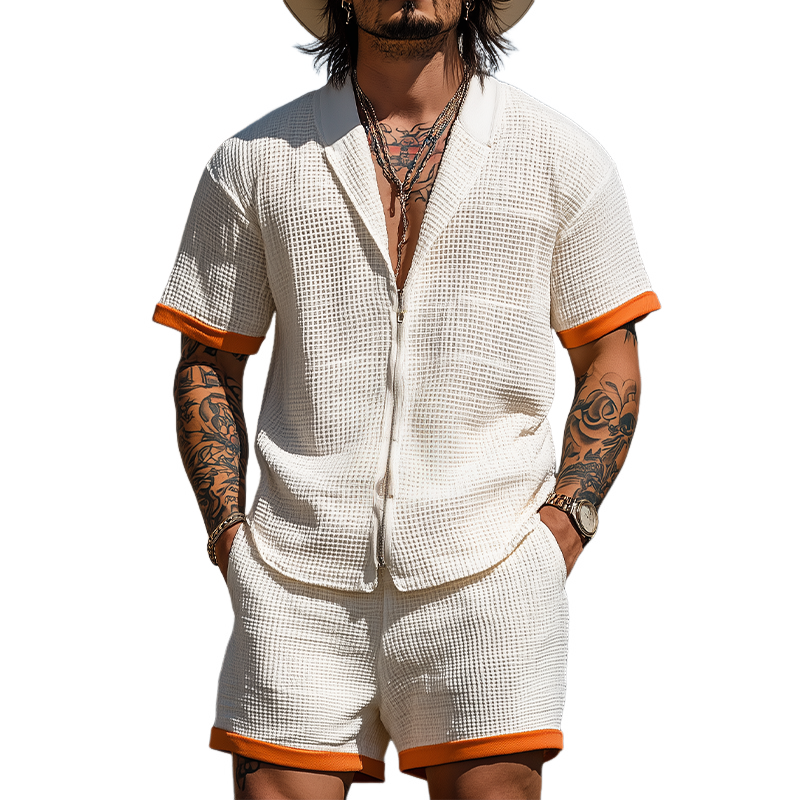 Men's Summer Fashion Casual Waffle Contrast Color Stitching Zipper Lapel Short-sleeved Shirt Elastic Waist Shorts Set MTA2951E4K