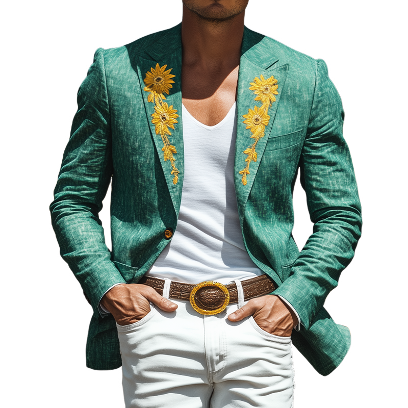 Men’s Spring and Summer Thin Fashion Casual American Retro Western Tough Style Cotton And Linen Texture Embroidery Slim Fit Single-breasted Blazer MTA1603F8K
