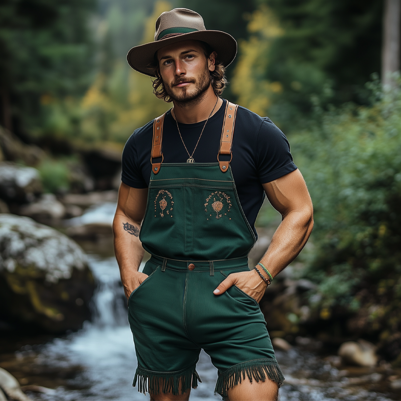 Men's Summer Retro Embroidered Tassel Denim Overalls MTA1174F1U