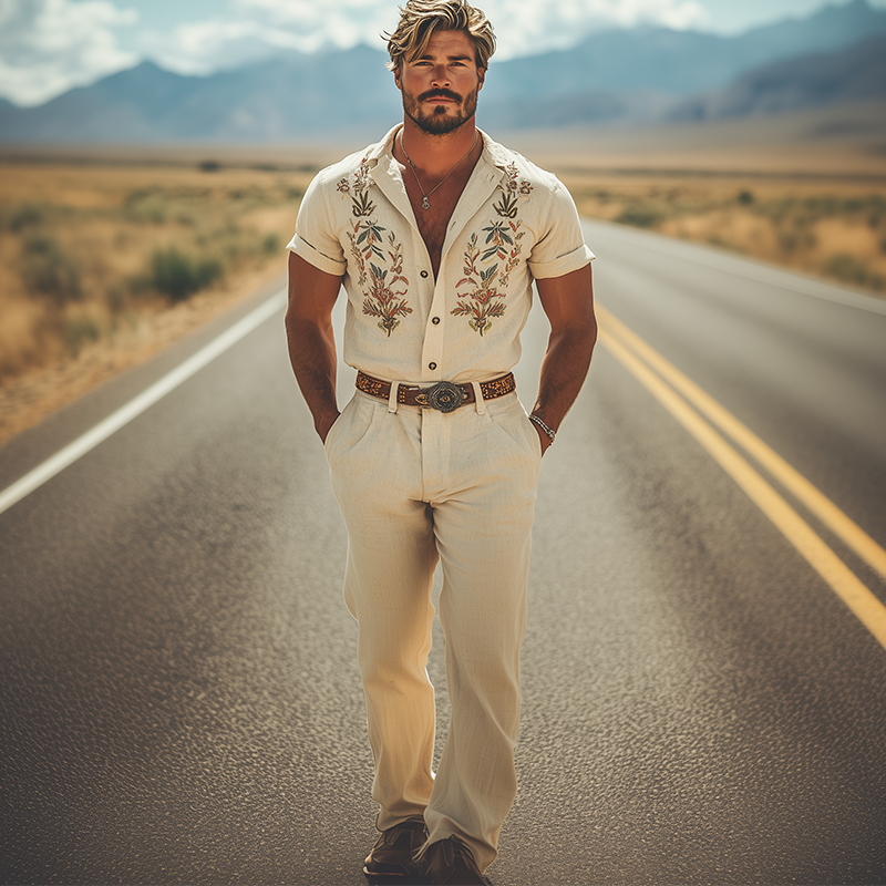 Men's Summer Fashion Retro Western Style Embroidered Cotton and Linen Jumpsuit (Without Belt) MTA2970D7K