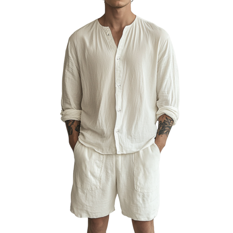 Men's Casual Breathable Solid Color Cotton Linen Loose Long Sleeve Shirt Elastic Waist Shorts Set MTA0596F7M