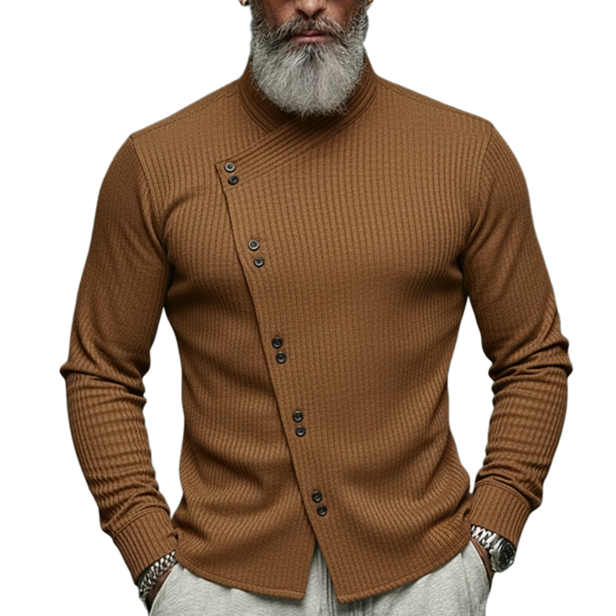 Men's Classic Casual Rugged Style Stand-collar Ribbed Long-sleeved Shirt MTA2368L9K