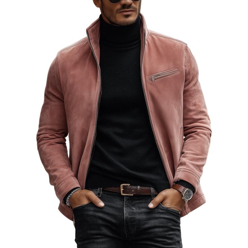 Men's Vintage Solid Color Faux Suede Stand Collar Zipper Placket Loose Jacket MTA2115H7M