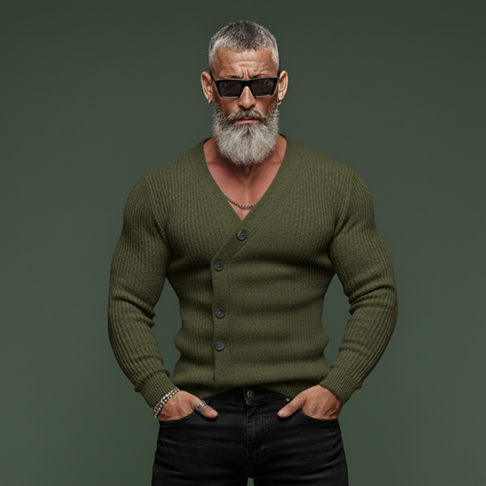 Men's Casual Button-decorated V-neck Slim-fit Pullover Sweater MTA1148K0K