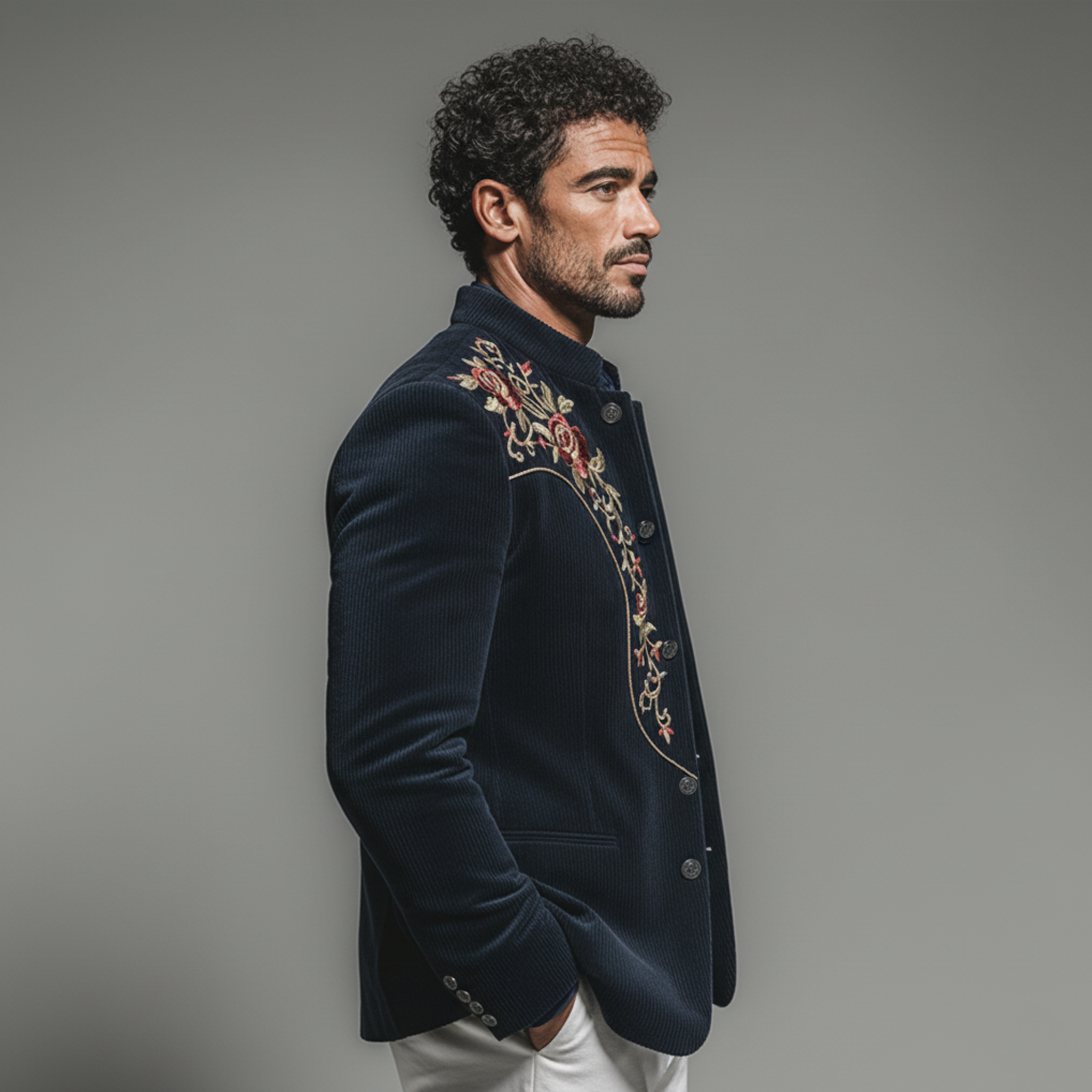 Men's Classic Retro Embroidered Corduroy Stand Collar Single-breasted Jacket MTA2946K9K