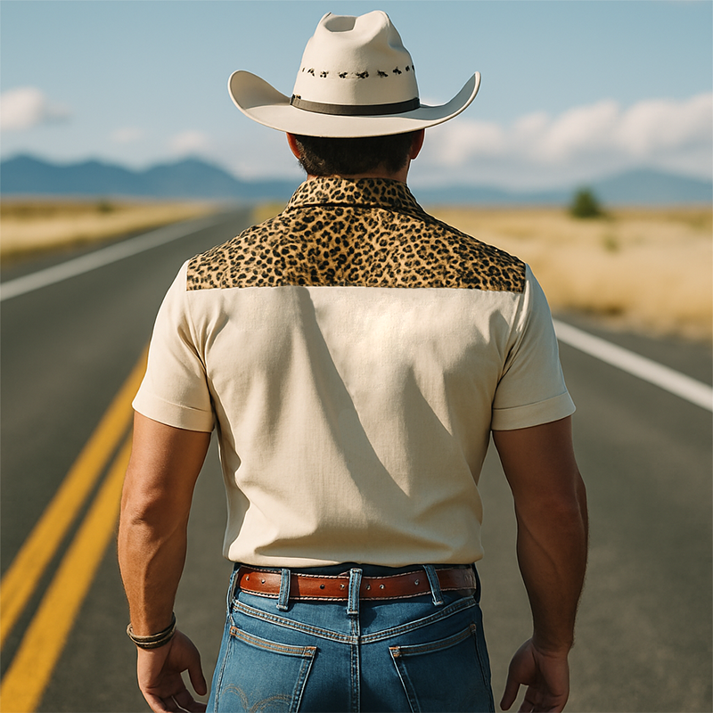 Men's Spring And Summer Classic Retro Western Cowboy Style Cotton Blended Leopard Print Slim Short-Sleeved Shirt MTA1037E3K