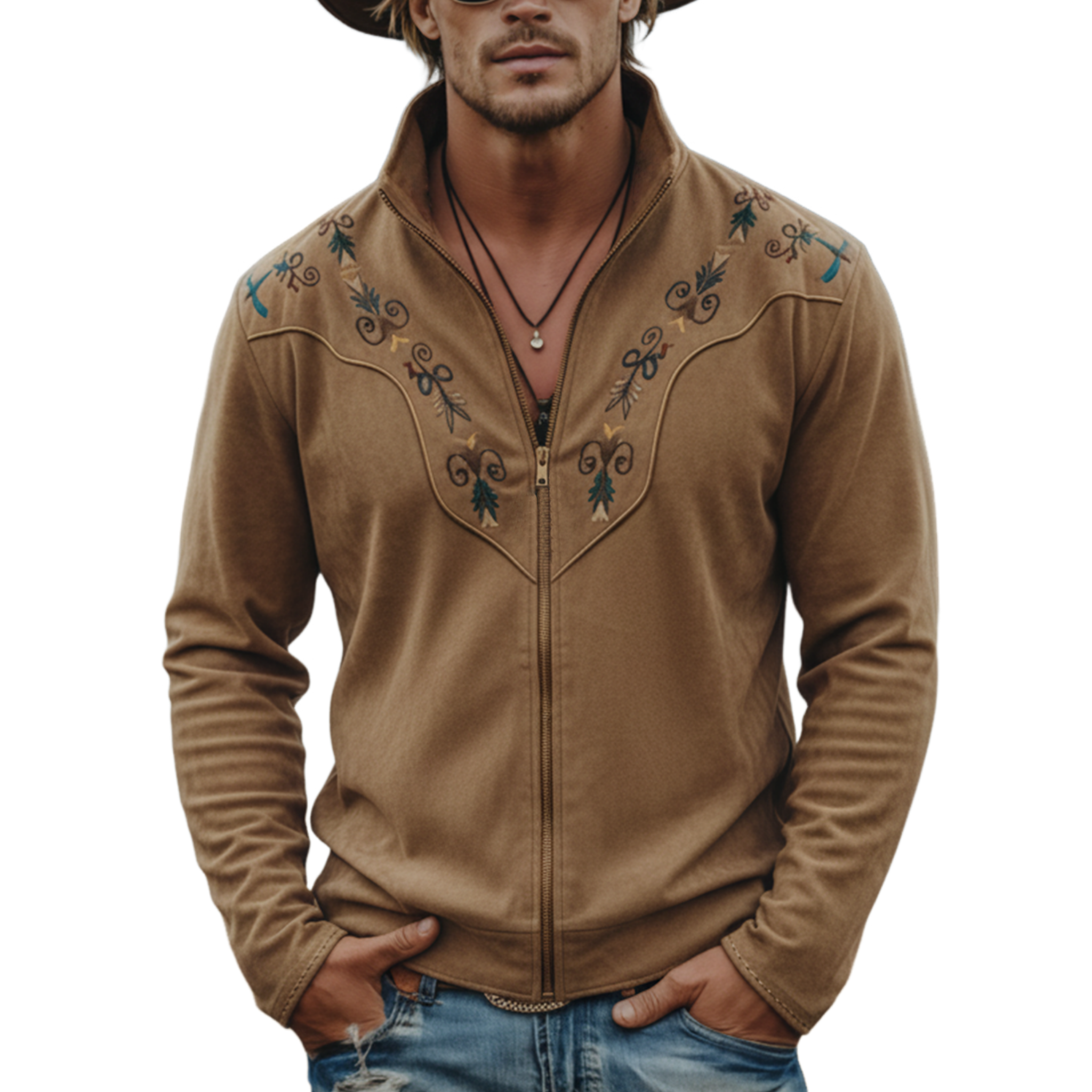 Men's Classic Retro Western-style Stand-up Collar Embroidered Faux Suede Zip-up Light Jacket MTA2719K3K