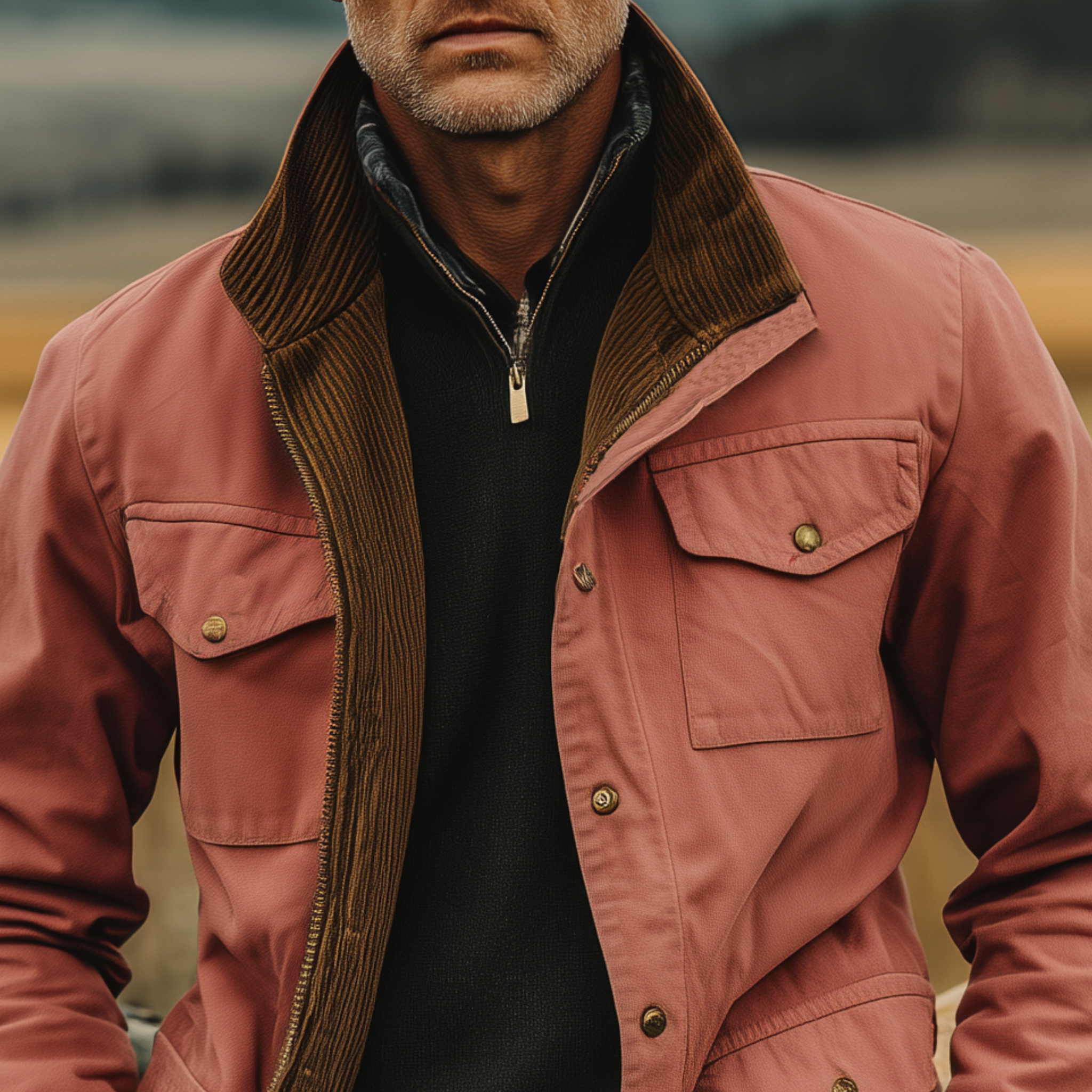 Men's Classic Western Retro Style Stand Collar Multi-pocket Zipper Pink Cotton Blend Jacket MTA0539I7K