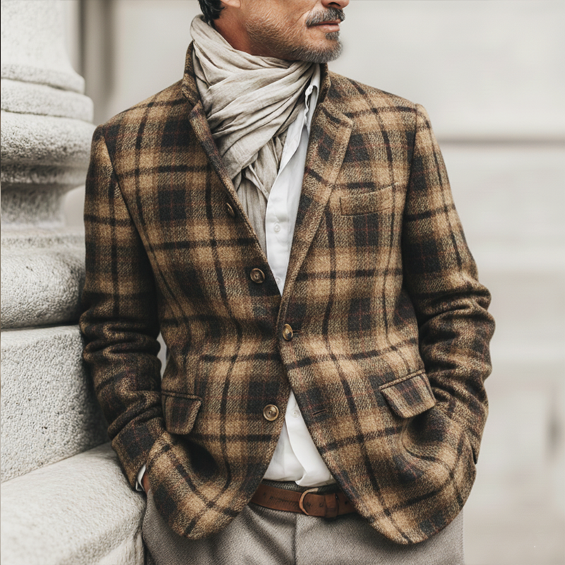 Men's Classic Plaid Stand Collar Double Vent Slim Fit Jacket MTA2249K8U