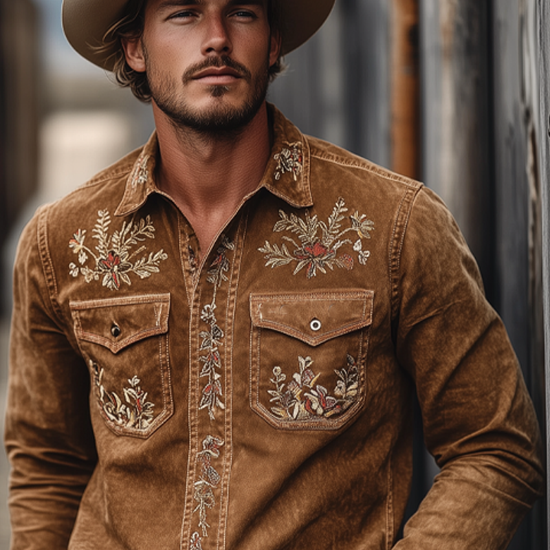 Men's Vintage Western Embroidered Lapel Long Sleeve Shirt MTA2036H6X