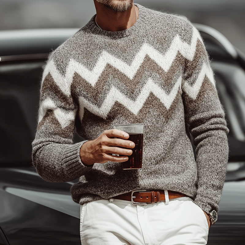 Men's Retro Casual Zigzag Striped Colorblock Crew Neck Sweater MTA1045J7TO