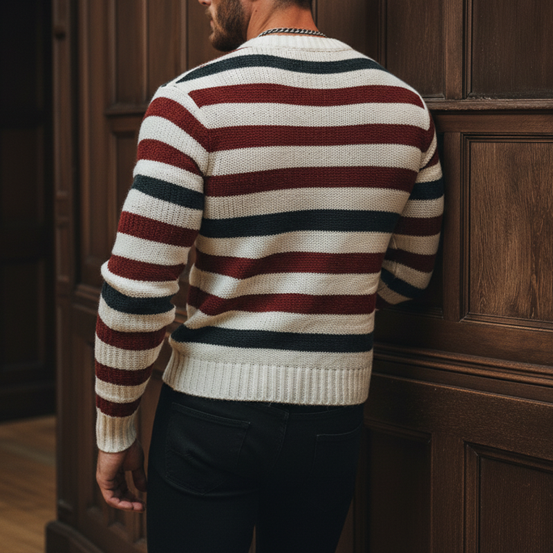 Men's Autumn Retro Contrast Striped Cotton Knitted V-Neck Sweater MTA1669J6P
