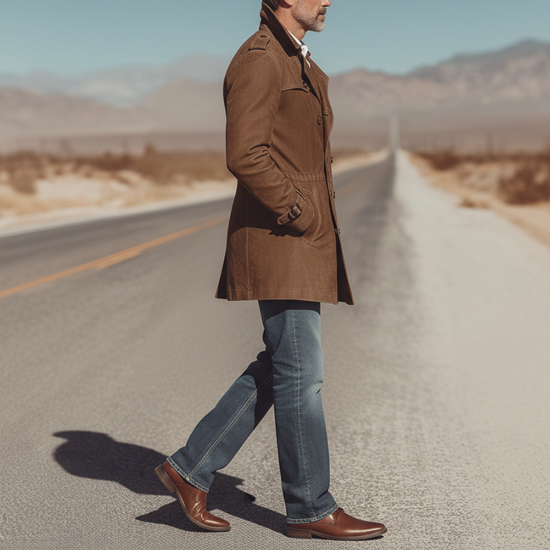 Men's Winter Vintage Double-Breasted Slim Mid-Length Faux Suede Coat MTA1448J0P