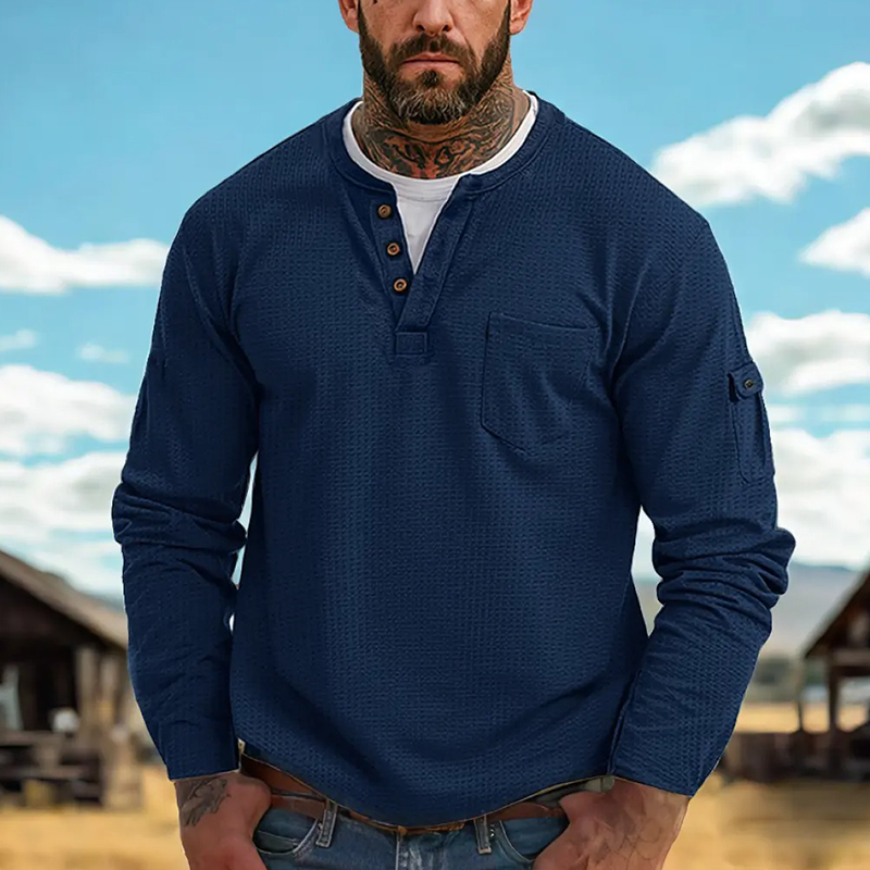 Men's Contrast Waffle Button Crew Neck Long Sleeve T-shirt MTA0965J1X
