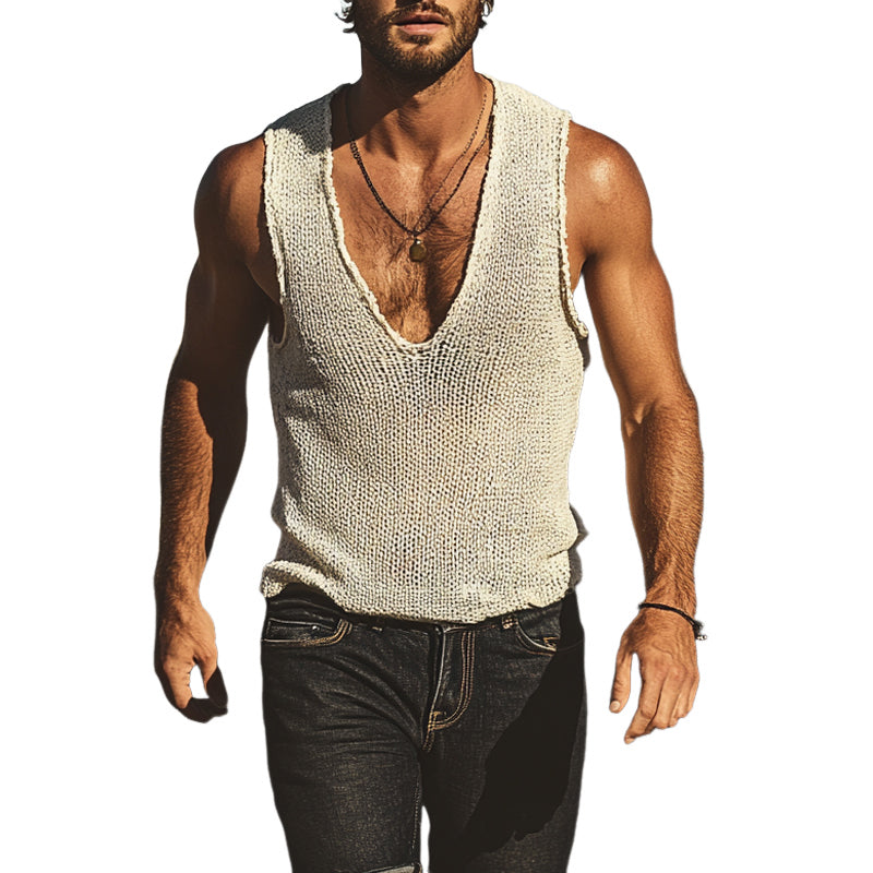 Men's Solid Color Round Neck Knit Loose Tank Tops MTA2903E8X