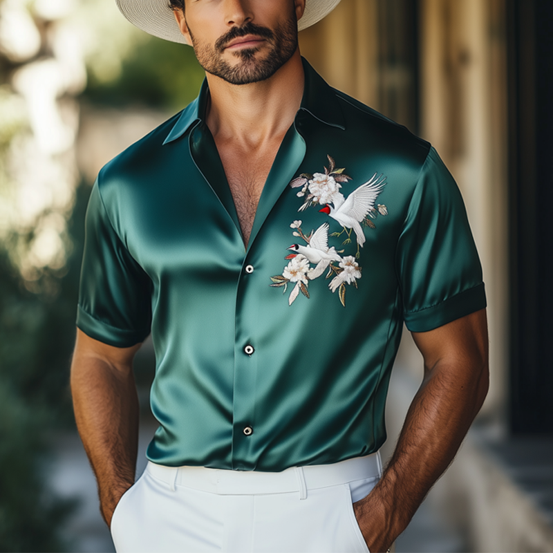Men's Summer Satin Crane Embroidered Short Sleeve Shirt MTA1050F7U