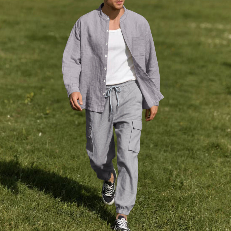Men's Casual Cotton And Linen Long-Sleeved Trousers Two-Piece Set MTA0653E1X