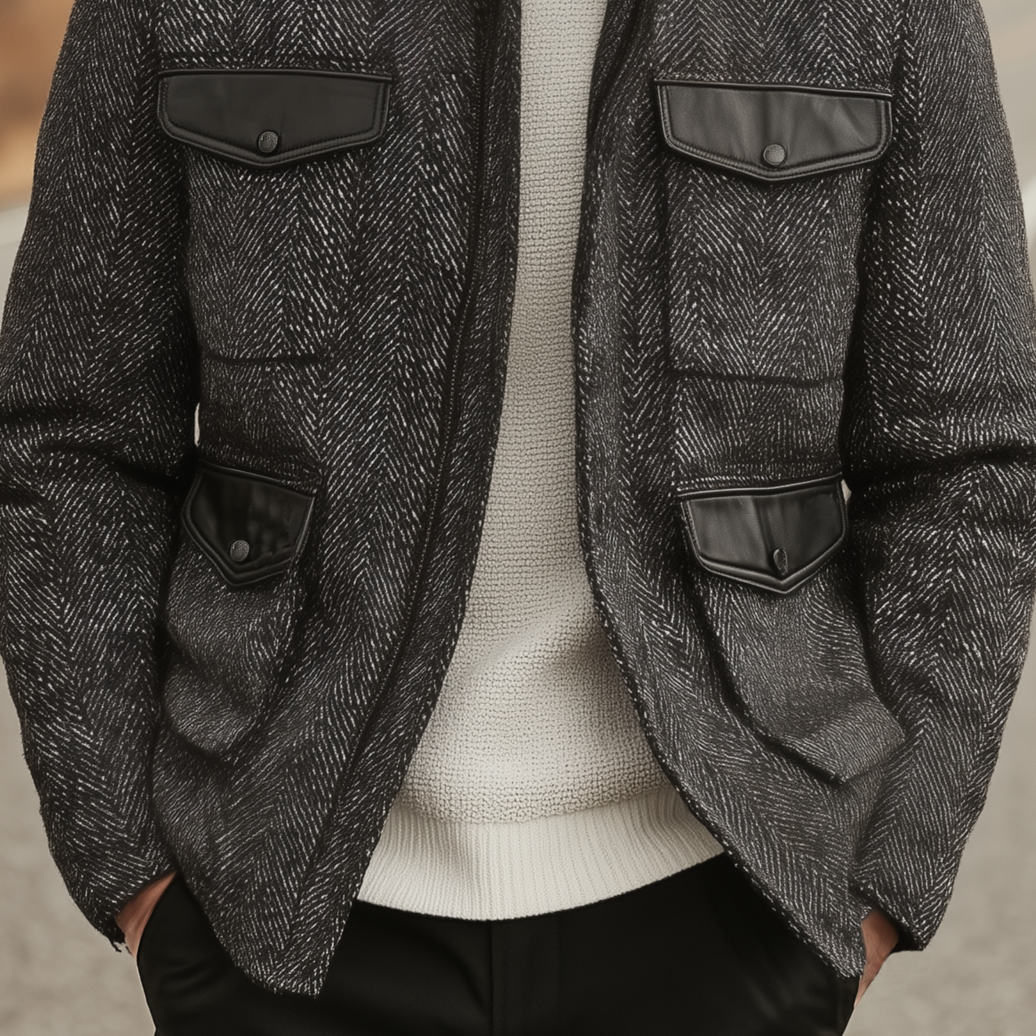 Men's Classic Casual Stand-up Collar Pocket Stitching PU Leather Zipper Herringbone Jacket MTA1525I9K