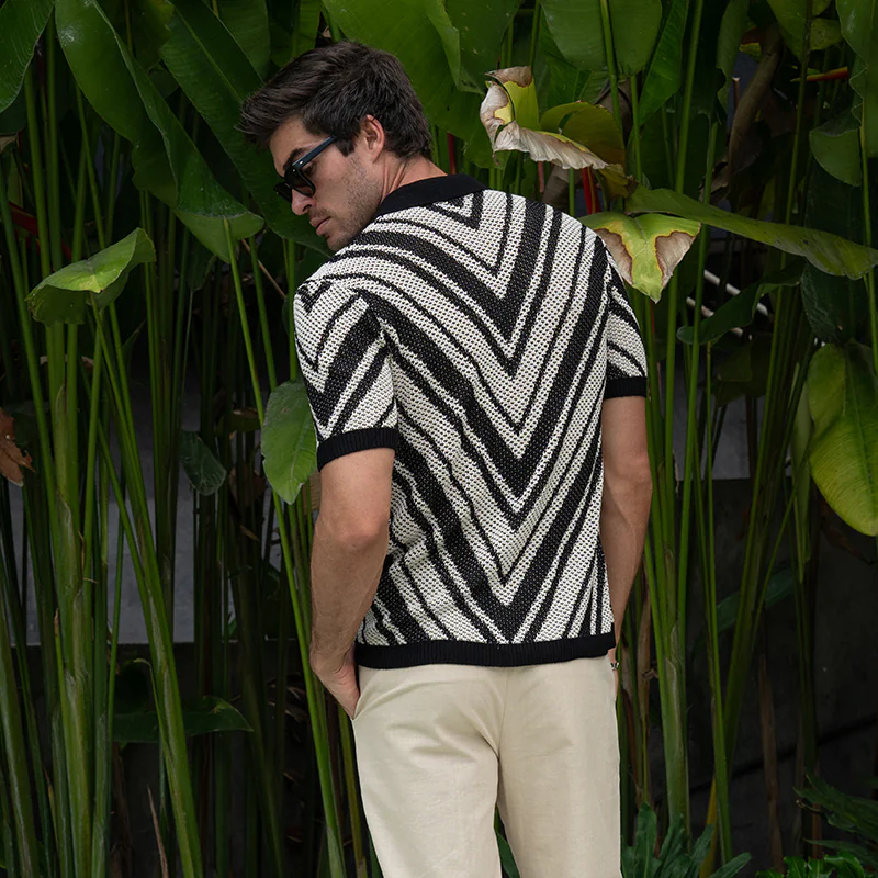Men's Spring And Summer Fashion Retro Hollow Striped Knitted Short-sleeved Shirt MTA0473G8K