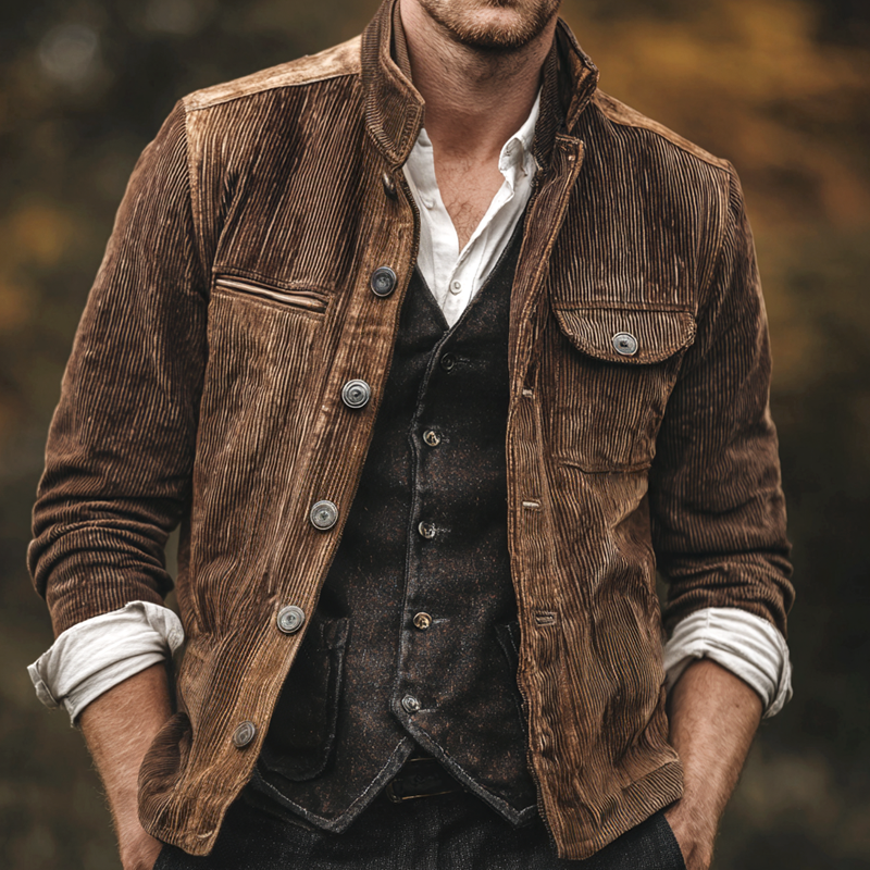 Men's Corduroy Stand Collar Single Breasted Casual Jacket MTA3000H6Z