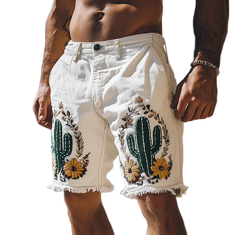 Herreshorts i italiensk siciliansk stil med vasket hvit denim og brodert kant, sommermote MTA1038F0K