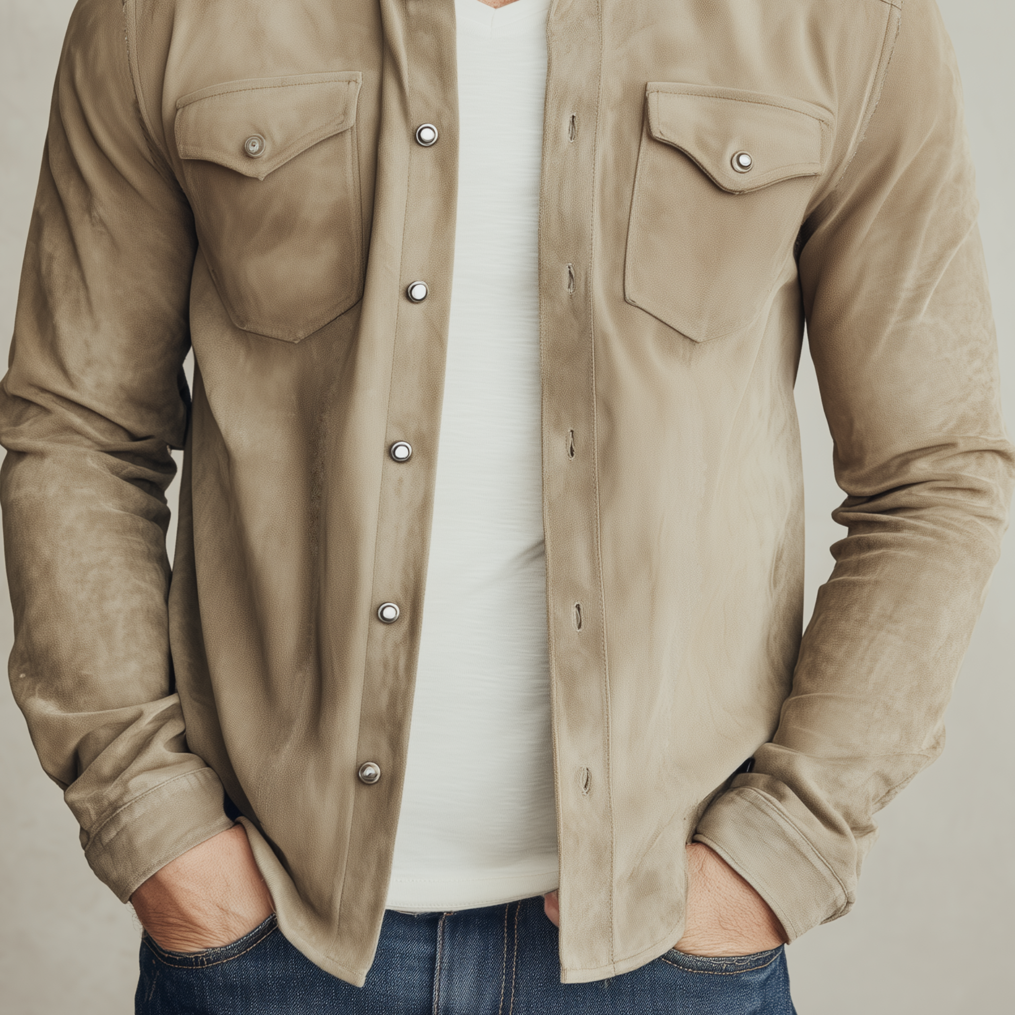 Men's Classic Casual Solid Color Thin Suede Metal Button Long Sleeve Shirt MTA0175H4K