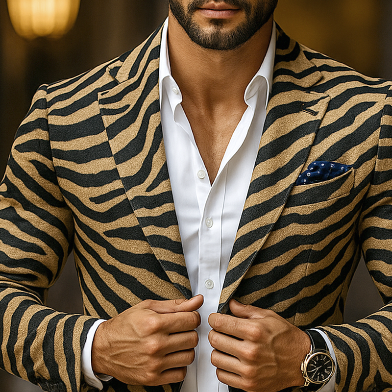 Men's Zebra Print Faux Suede Notch Lapel Two Buttons Blazer MTA0148I1Z