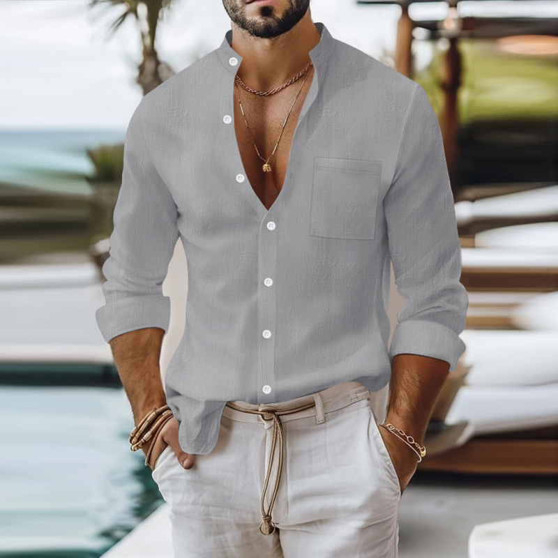 Men's Casual Breathable Solid Color Cotton Linen Stand-up Collar Patch Pocket Slim Fit Long Sleeve Shirt MTA0781G1M