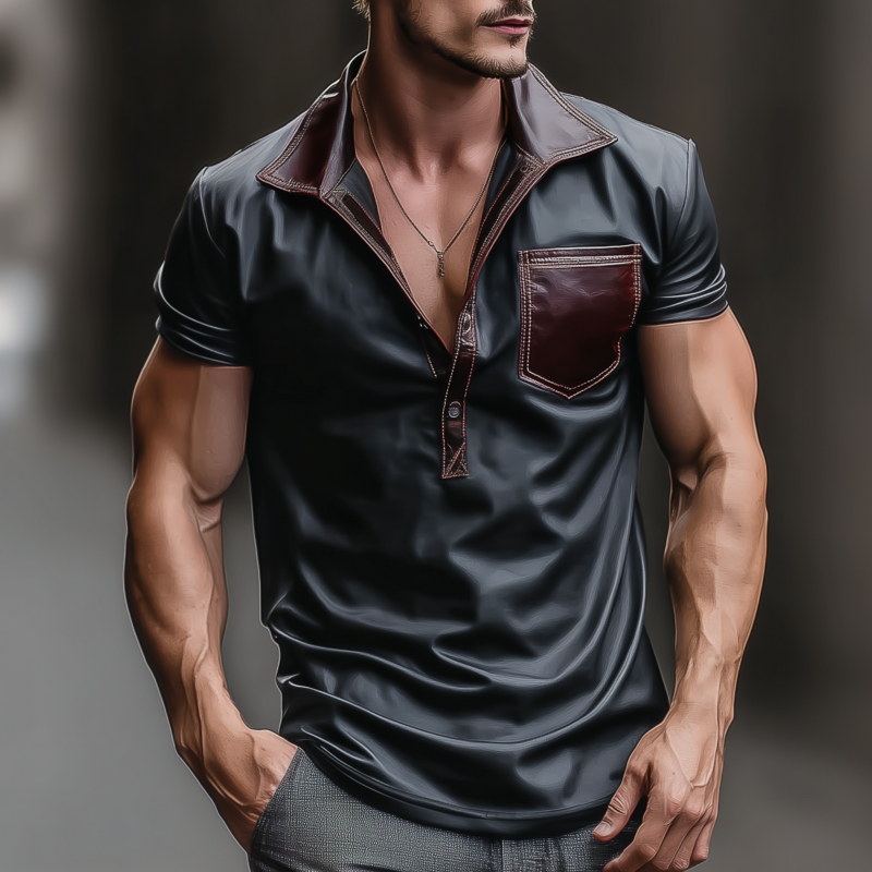 Men's Fashion PU Colorblock Patchwork Button Lapel Patch Pocket Loose Pullover Short Sleeve Shirt MTA0315G1M