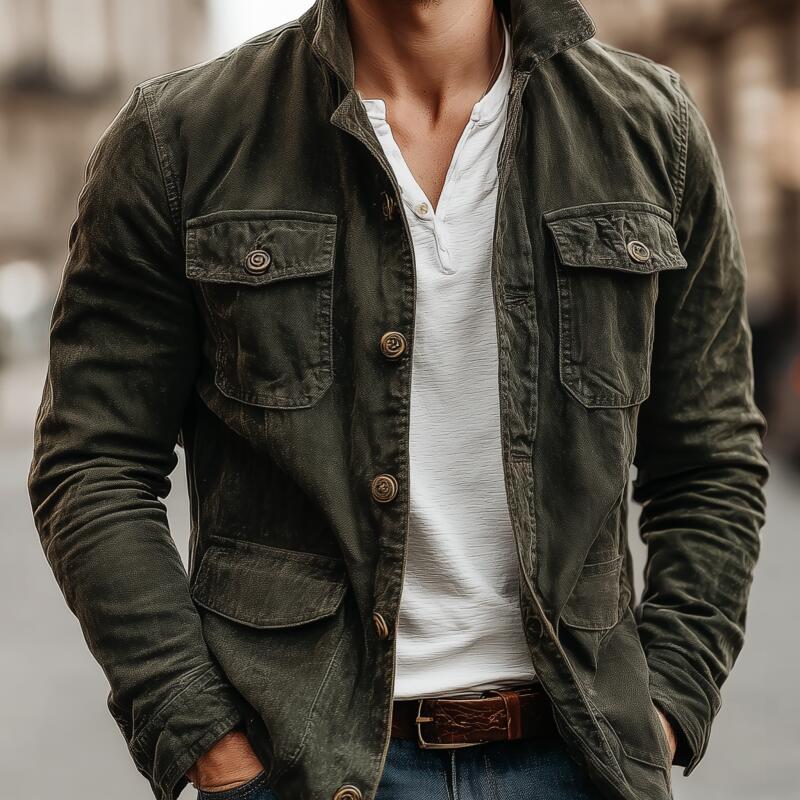 Men's Vintage Washed Distressed Cotton Lapel Single-breasted Multi-pocket Cargo Jacket MTA2559H1M