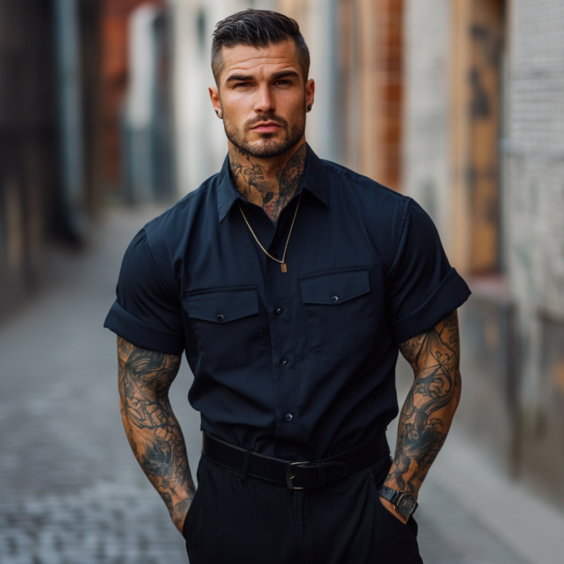 Men's Casual Breathable Cotton Lapel Chest Pocket Loose Short Sleeve Work Shirt MTA2752E8M
