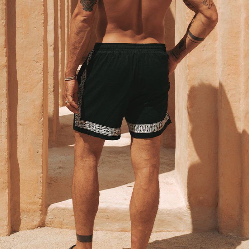 Men's Summer Casual Cotton And Linen Printed Elastic Waist Shorts MTA0270G5K