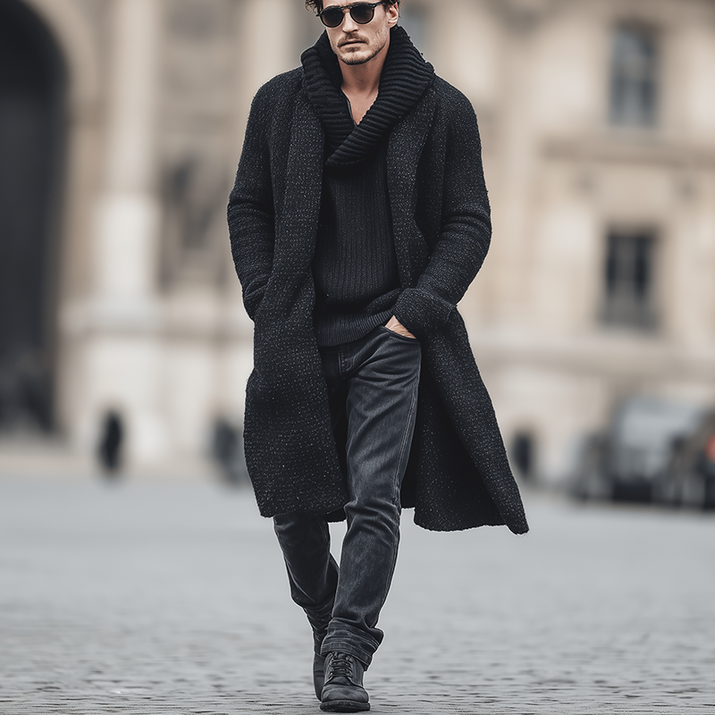 Men's Autumn And Winter Fashion Mixed Color Cotton Yarn Knitted Long Lapel Cardigan MTA2315I6P