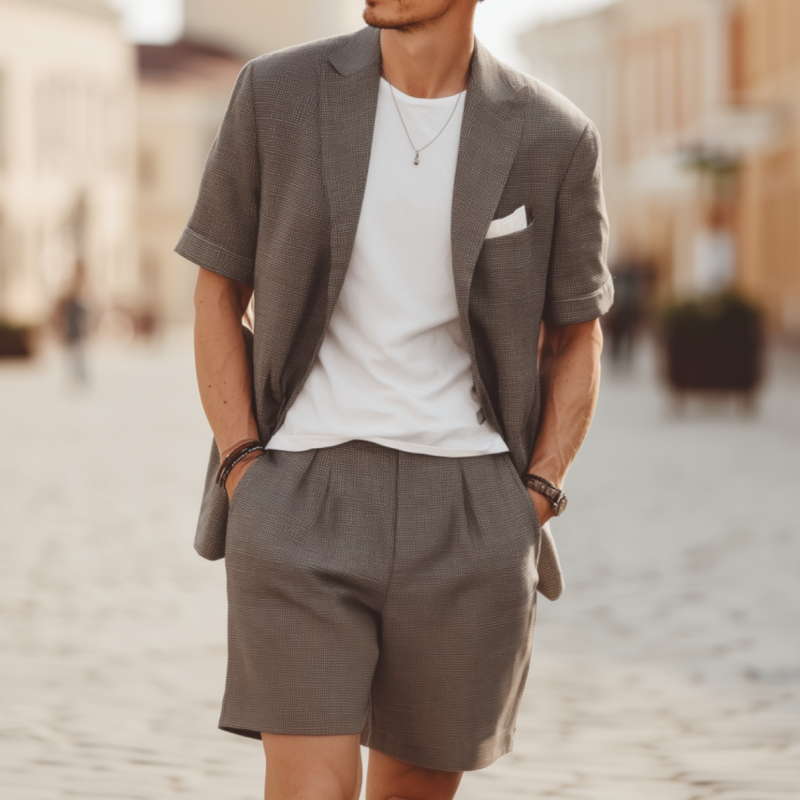 Herre casual kortermet blazer- og dressshortssett i teksturert bomullsblanding med hakkslag (ekskludert T-skjorte) MTA1841F8M