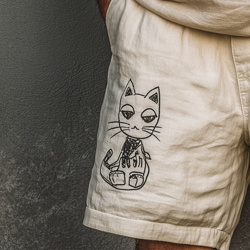 Men's Summer Fashion Cat Print Linen Blend Casual Shorts MTA2044F2P