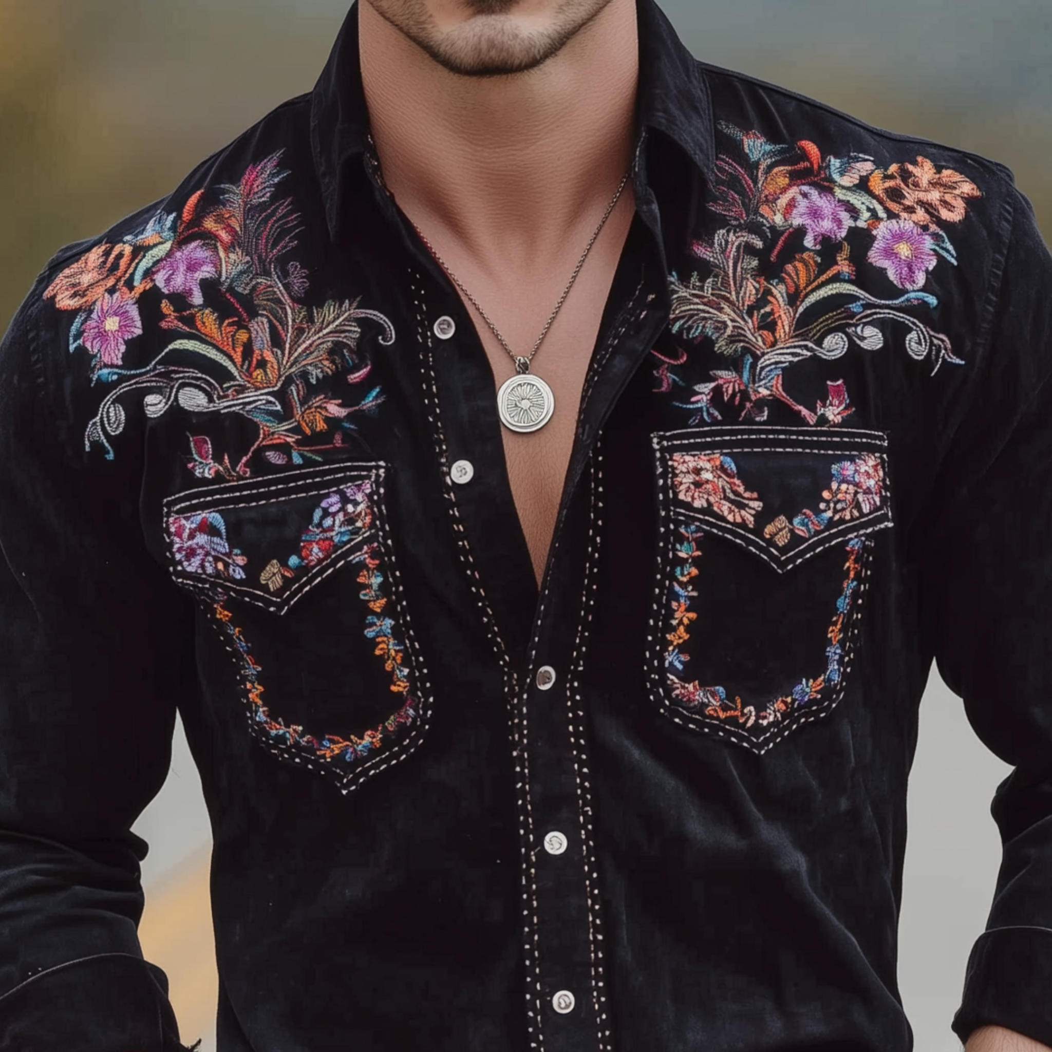 Men's Classic Retro Western Style Embroidered Faux Suede Long-sleeved Shirt MTA0118L6K