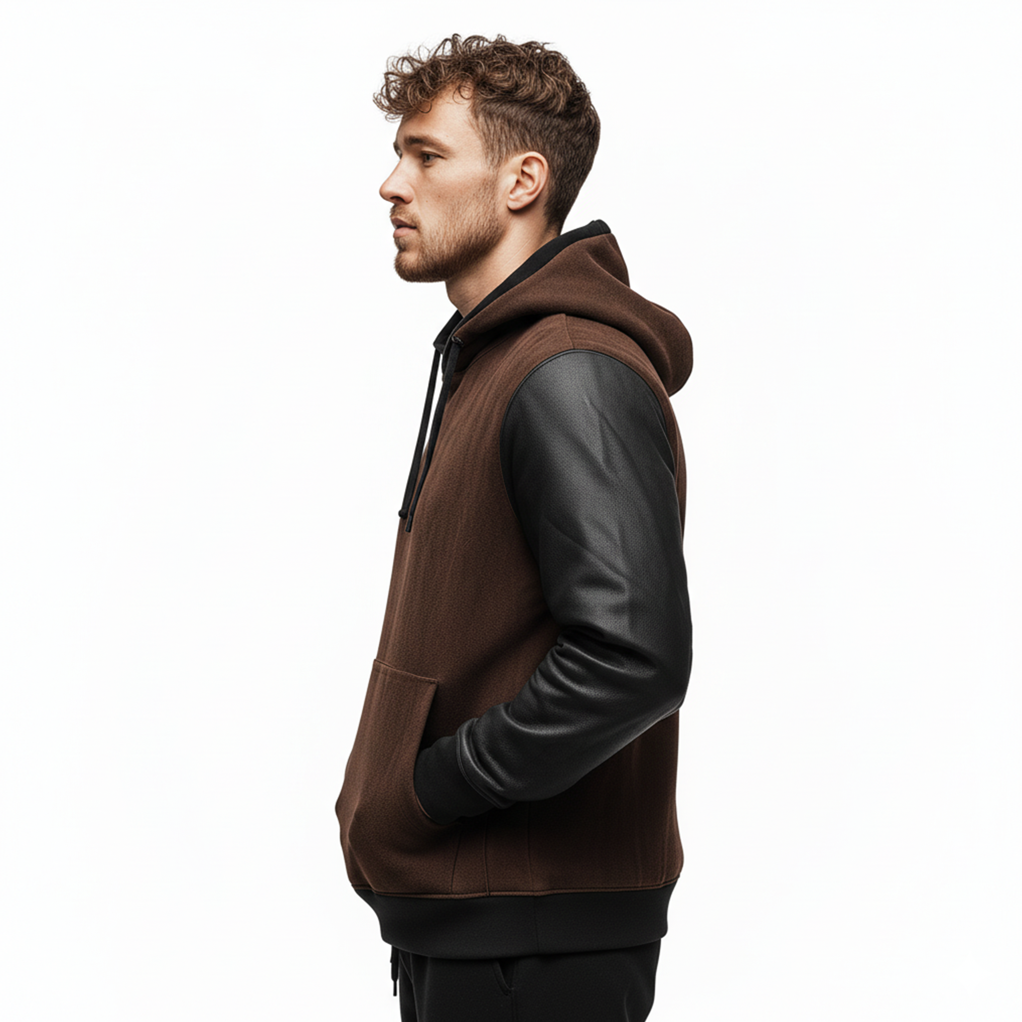 Men's Classic Casual Sleeve Stitching PU Leather Loose Faux Suede Hoodie MTA0983J5K