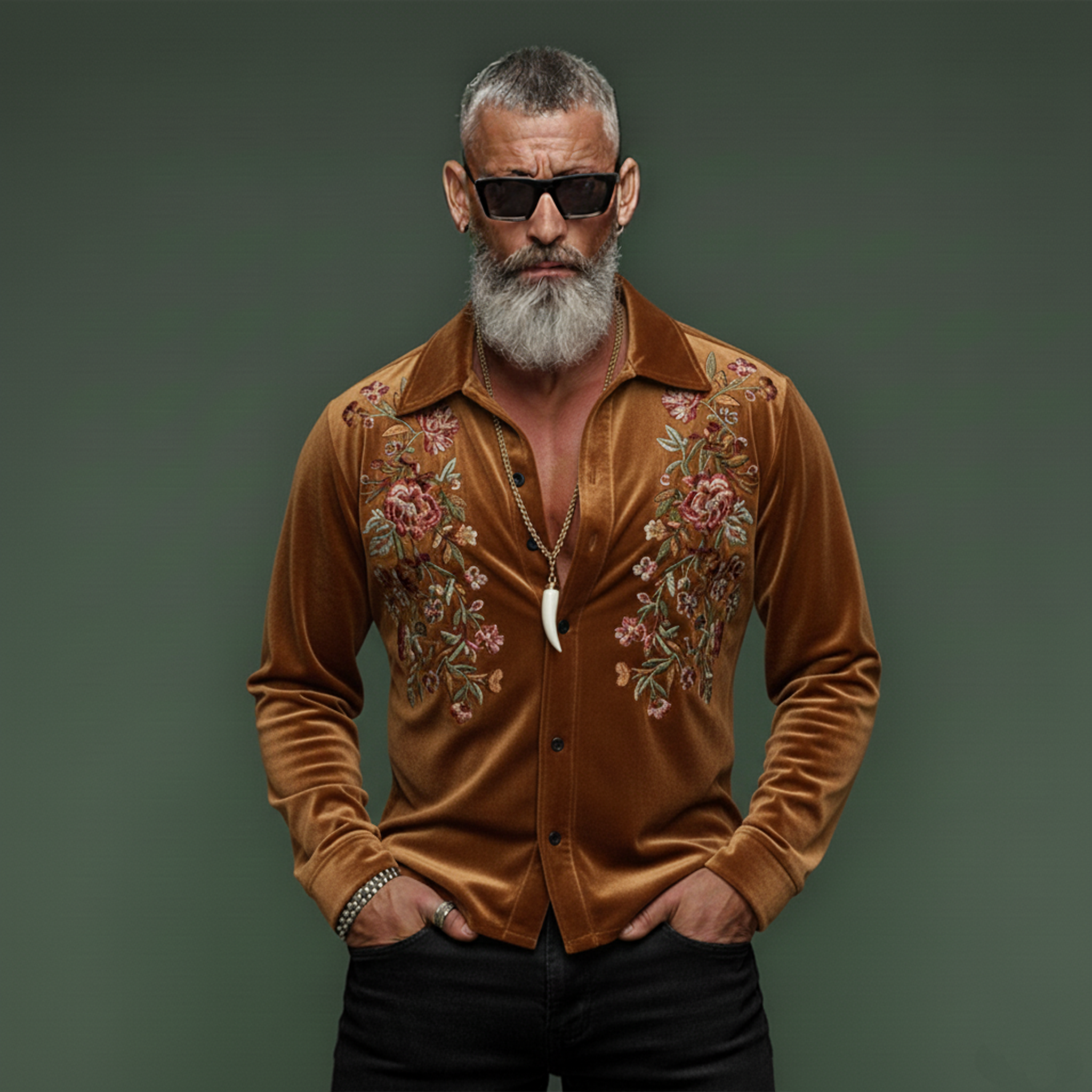 Men's Classic Vintage Embroidered Faux Velvet Long-sleeved Shirt MTA1561L7K