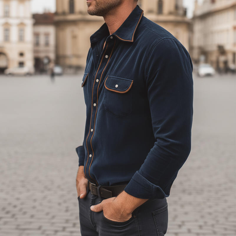 Men's Classic Color-block Striped Velvet Long-sleeved Shirt MTA2941L7U