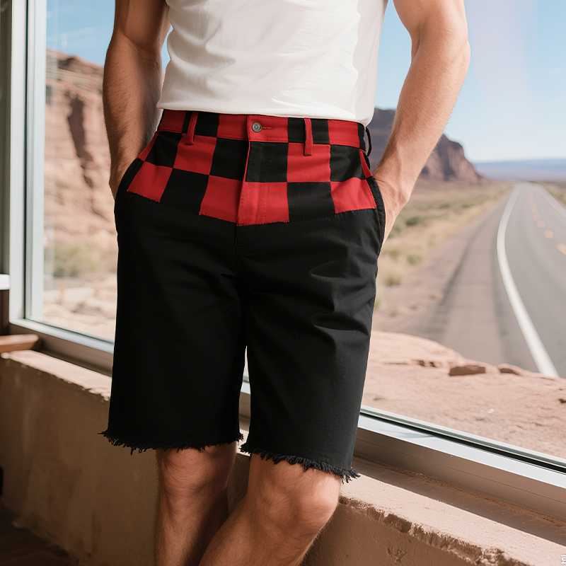 Men's Spring And Summer Casual American Western Style Cotton Blended Printed Plaid Raw Edge Shorts MTA1720F4K
