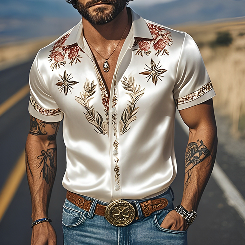 Men's Spring And Summer Fashion Casual Western Cowboy Style Satin Champagne Gold Print Short Sleeve Shirt MTA1644E0K