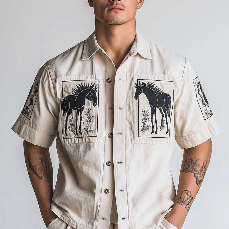 Herreskjorte med korte ermer og trykk, tynn denim, sommermote MTA2819E0P